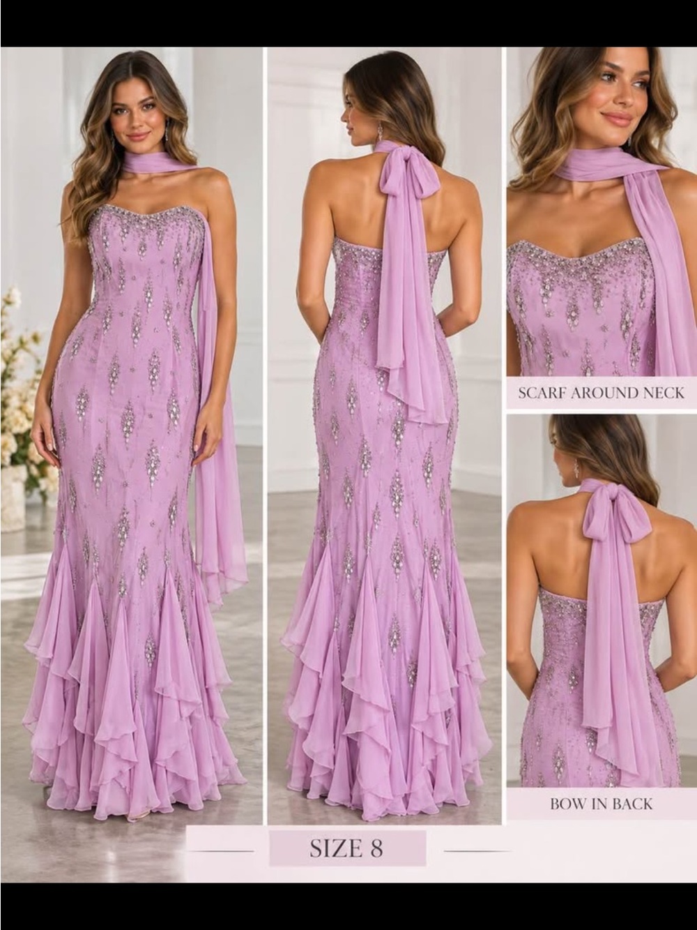 Elegant Lavender Beaded Mermaid Evening Dress with Scarf